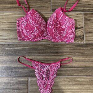 Victoria’s Secret Very Sexy Pink Lace Push Up Bra 34C And Thong Sm Lingerie Set